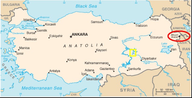 Location of Mount Ararat (see red oval) in Eastern Turkey. Image from Wikipedia. Public domain, from https://commons.wikimedia.org/w/index.php?curid=28820, also at https://christianideas.eu/images/Ararat-Location.jpg (a bit improved). Noah's Ark docked in the mountains of Ararat, according to the Bible. We can also see the second source (the original one) of the Tigris River, which may correspond to the location of the Garden of Eden (Paradise). The small yellow rectangle contains two lakes—one on the Tigris River (east) and one on the Euphrates River—that were once part of the initial Lake of Eden (source: God). More information can be found in the chapter ‘Eden’. Source: Wikipedia, https://commons.wikimedia.org/wiki/File:Ararat-Location.png. Location of Mount Ararat (see red oval) in Eastern Turkey. Image from Wikipedia. Public domain, from https://commons.wikimedia.org/w/index.php?curid=28820, also at https://christianideas.eu/images/Ararat-Location.jpg (a bit improved). Noah's Ark docked in the mountains of Ararat, according to the Bible. We can also see the second source (the original one) of the Tigris River, which may correspond to the location of the Garden of Eden (Paradise). The small yellow rectangle contains two lakes—one on the Tigris River (east) and one on the Euphrates River—that were once part of the initial Lake of Eden (source: God). More information can be found in the chapter ‘Eden’. Source: Wikipedia, https://commons.wikimedia.org/wiki/File:Ararat-Location.png.