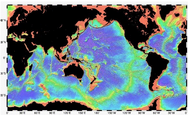 Image from the English Wikipedia, 'Bathymetry', 'File:Mid-ocean_ridge_system.gif'. Author: National Oceanic and Atmospheric Administration. Public domain. Image from the English Wikipedia, 'Bathymetry', 'File:Mid-ocean_ridge_system.gif'. Author: National Oceanic and Atmospheric Administration. Public domain.